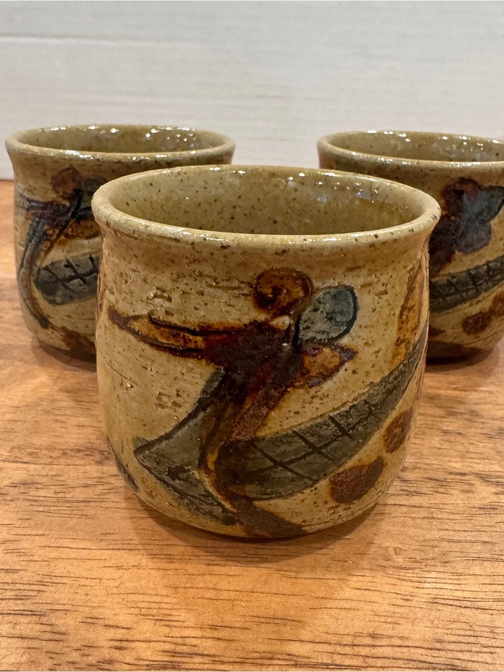 Otagiri Painted Stoneware Ceramic Small Cups Set of 3 Earthy Neutral Artsy Japan